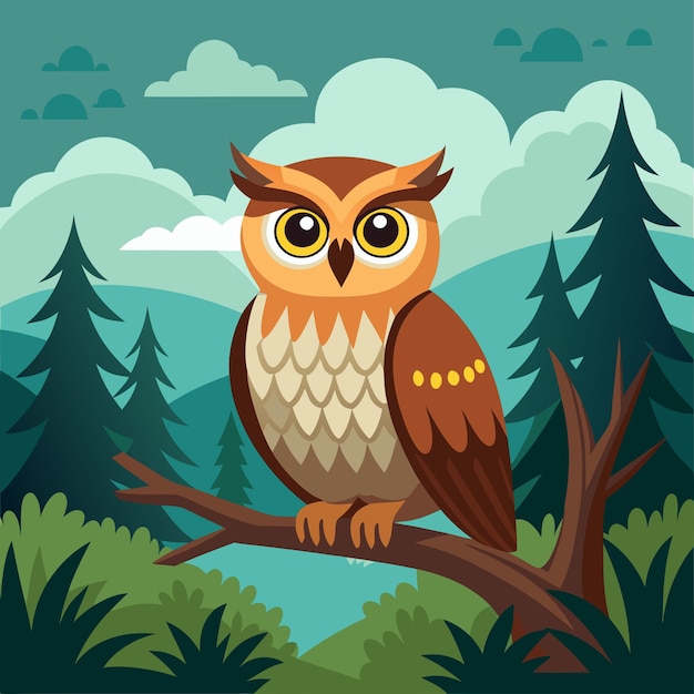 ein Poster einer Eule im Wald mit Bäumen und Wolken