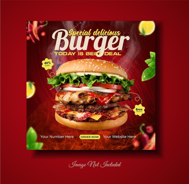 ein Poster eines Burgers namens Delicious mit einem Bild eines Hamburgers auf dem Cover