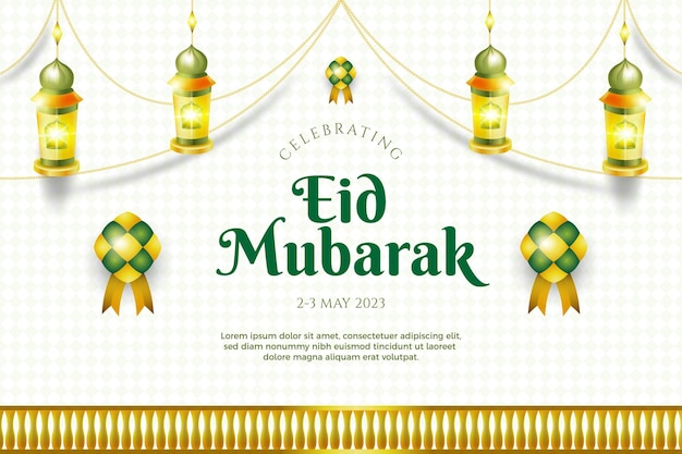 Ein Poster für Eid Mubarak mit grünem Text und einem goldenen Band, auf dem Eid Mubarak steht.