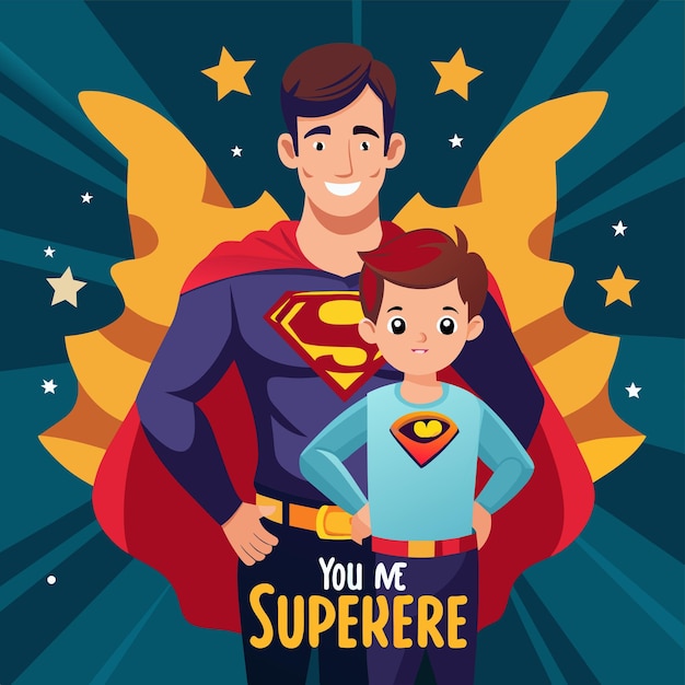 ein Poster für einen Superheld mit einem Jungen und einem Superman-Kostüm