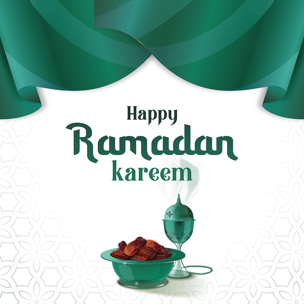 Ein Poster für Ramadan Kareem mit einem grün-weißen Hintergrund und einer Tasse heißem Öl und einer Kerze.