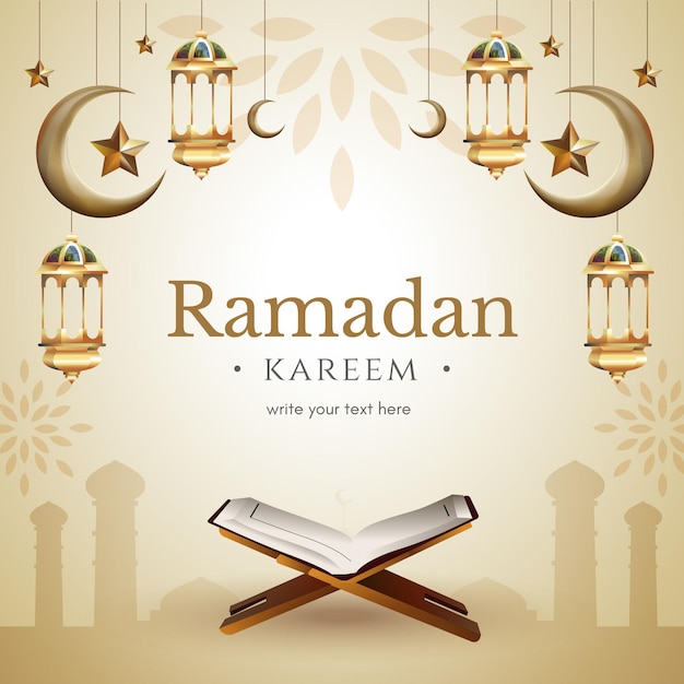 Ein Poster für Ramadan mit einer Lampe und einer Laterne und einem Wunsch darauf