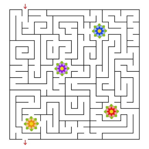 Ein quadratisches labyrinth. sammle alle blumen und finde einen weg aus dem labyrinth