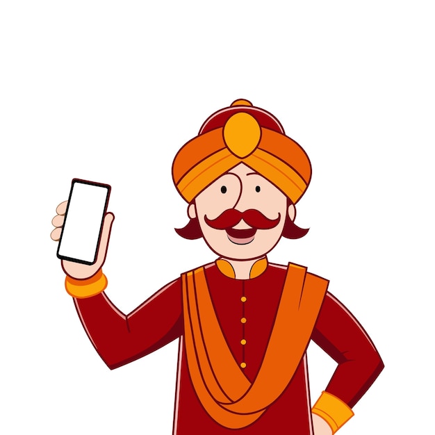 Ein rajasthani-mann zeigt ein handy für ein mockup-design