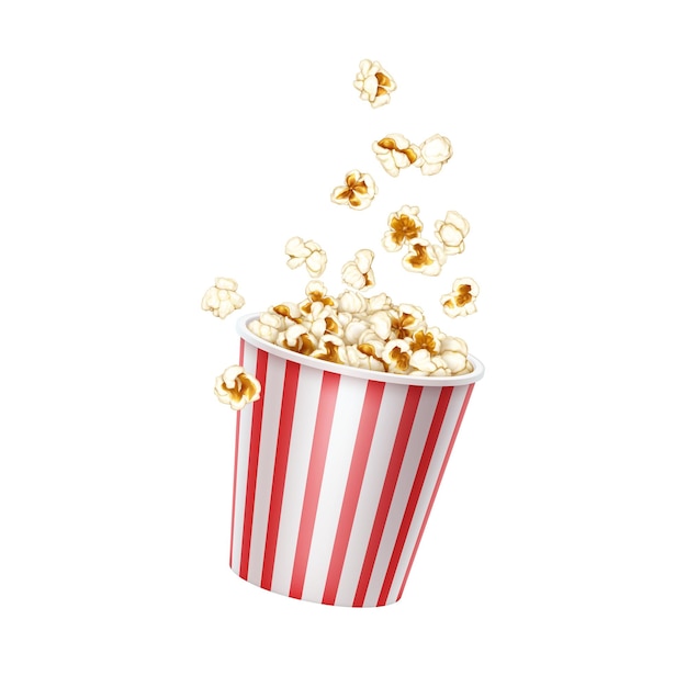Ein realistischer Eimer Popcorn mit fliegenden Stücken