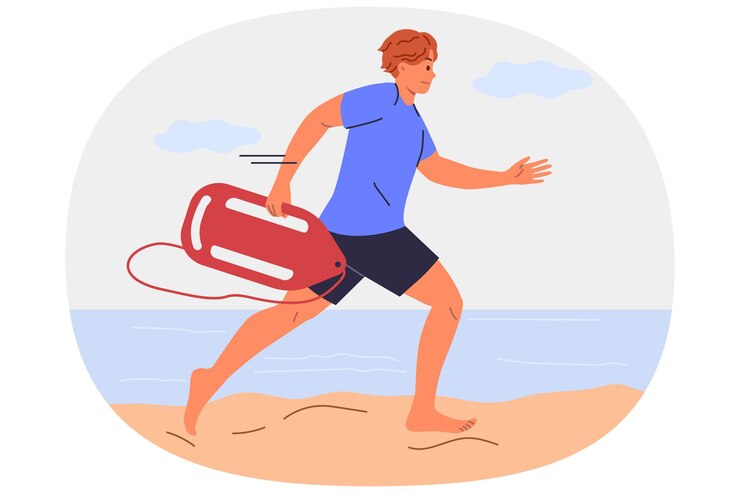 Vektor ein rettungsschwimmer rennt am strand entlang, um das leben eines mannes zu retten, der hilfe braucht, der im meer ertrinkt.