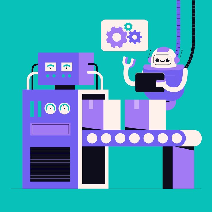 Vektor ein roboter arbeitet in einer modernen fabrik mit einer automatisierten produktionslinie