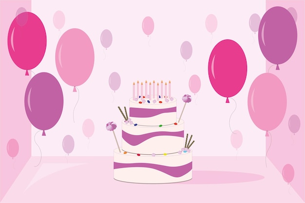 Ein rosa kuchen mit luftballons und kerzen