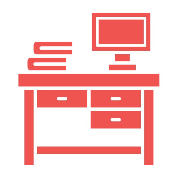 ein roter Schreibtisch mit einem Computer und einem Drucker