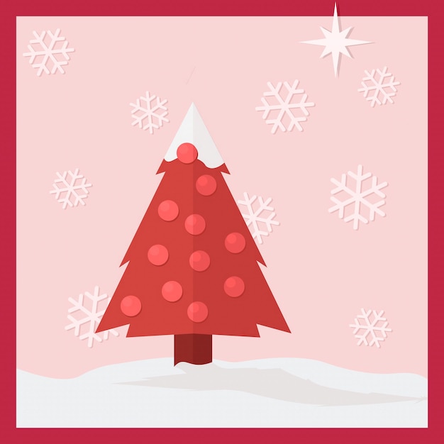 Ein roter Weihnachtsbaum liegt im Schnee mit einer Schneeflocke auf der Spitze.