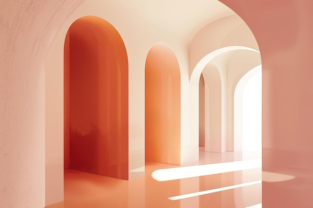 ein rotes und orangefarbenes Bild eines orangefarbenen Gebäudes mit Bögen und Bögen