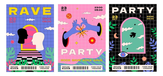 Ein Satz abstrakter surrealistischer Poster für eine Rave-Party