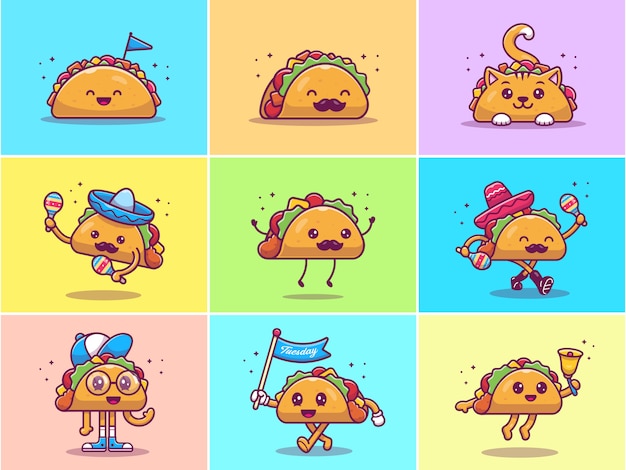 Ein satz der niedlichen taco-maskottchen-illustration. sammlungen von taco character concept isoliert