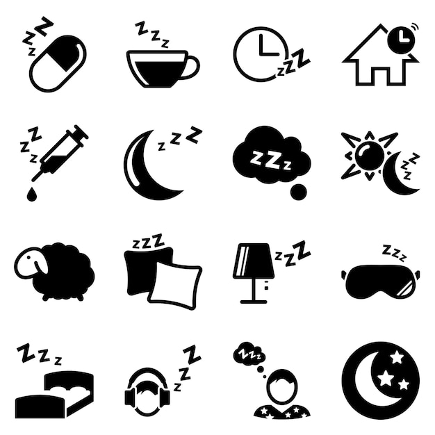 Ein Satz einfacher Ikonen zu einem Thema Schlafzimmer Haus Beleuchtung Nacht Vektor Set flaches Zeichen Symbol Objekt Schwarze Ikonen isolierte gegen weißen Hintergrund