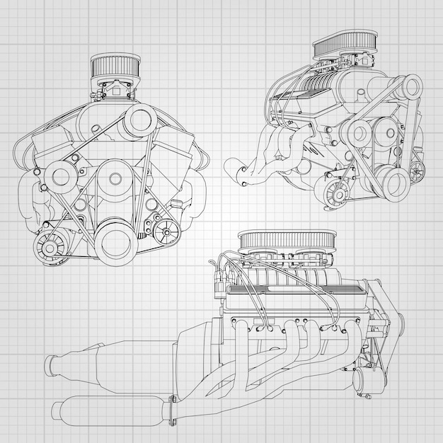 Ein satz einiger arten leistungsfähiger automotor. der motor ist mit schwarzen linien auf einem weißen blatt in einem käfig gezeichnet