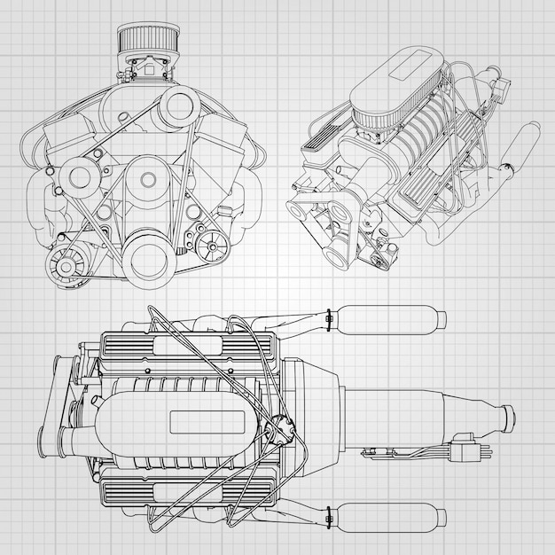 Vektor ein satz einiger arten leistungsfähiger automotor. der motor ist mit schwarzen linien auf einem weißen blatt in einem käfig gezeichnet