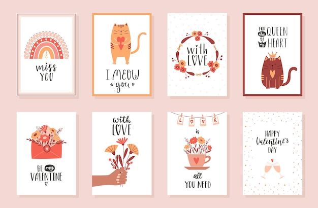 Ein Satz Kartenplakate für den Valentinstag mit handgeschriebenen Schriftzügen und einem Boho-Regenbogenkatzen-Blumenkranz, einem Umschlag und einer Tasse mit Blumen. Niedliche Vektorillustrationen im Cartoon-Stil
