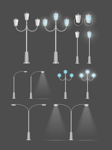 Ein satz metallischer laternen, die glänzen. laternenpfahl mit realistischem licht. vektor.