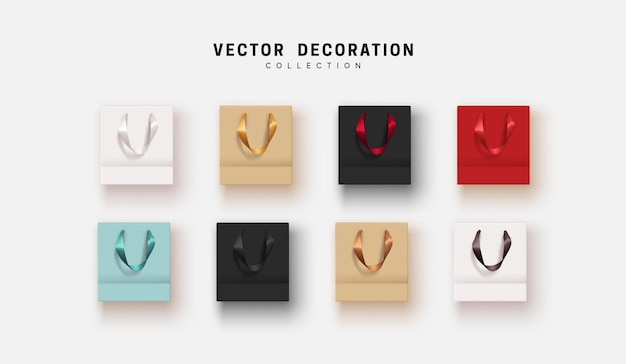 Ein Satz realistischer Einkaufspapiertüten. Mockup-Vorlage für das Branding. Shop-Leerpaket. Vektorillustration