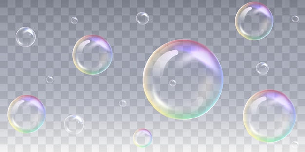 Ein Satz realistischer Seifenblasen, die auf durchsichtigem Hintergrund isoliert sind