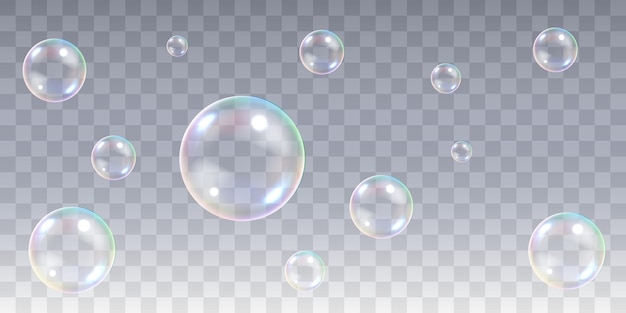 Ein Satz realistischer Seifenblasen, die auf durchsichtigem Hintergrund isoliert sind