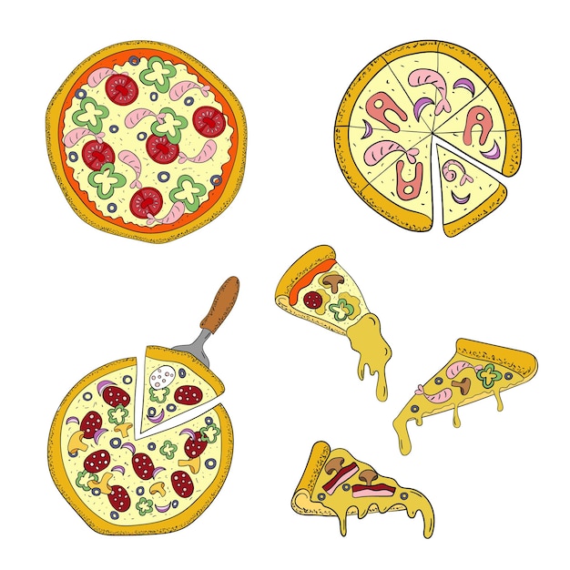 Ein satz runder pizza und eine dreieckige scheibe fast-food-thema-vektorillustration