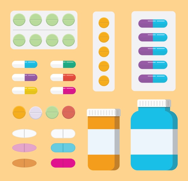 Ein satz sammelpilzmedizin oder medizinisches gesundheitswesen mit flasche und tablette