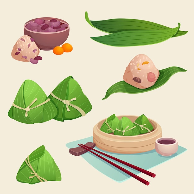 Ein Satz traditioneller chinesischer Lebensmittelzongzi-Vektorillustrationen