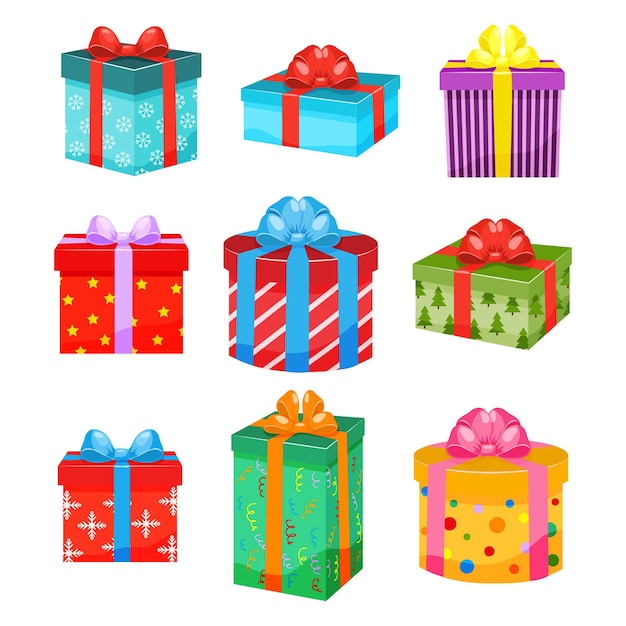 Ein Satz verschiedener Geschenkdesigns in farbenfrohen Verpackungen farbenfrohe verpackte Geschenkkisten mit Bänderbogen