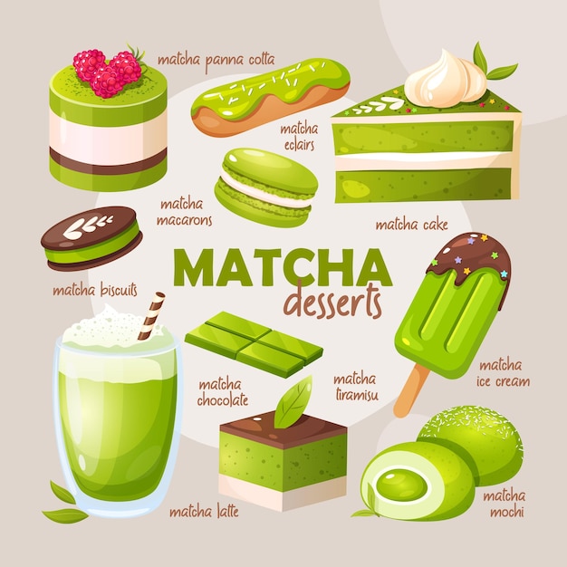 Ein Satz verschiedener japanischer Matcha-Desserts