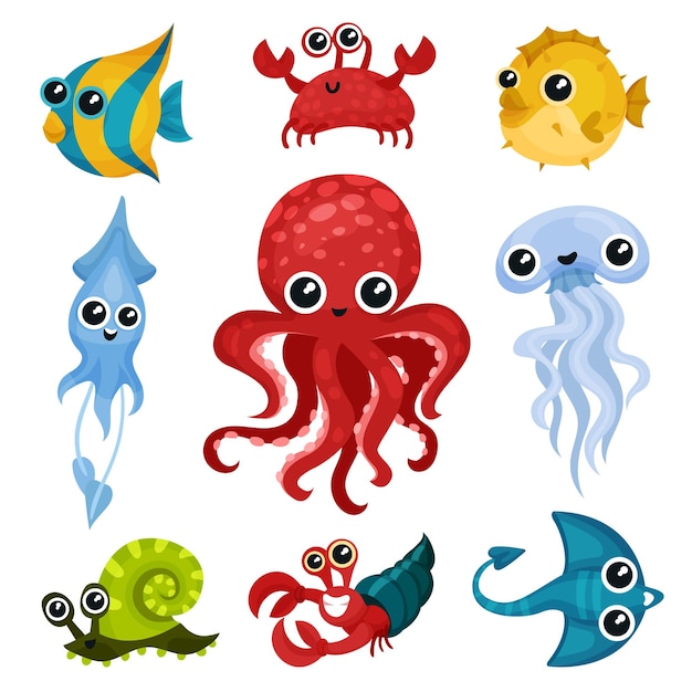 Ein Satz verschiedener Meerestiere Schöne Meereslebewesen mit glänzenden Augen Fisch Oktopus Meeres Schnecken Quallen Tintenfisch Krabbe Grafische Elemente für Kinderbuch oder Mobilspiel Isolierte flache Vektor-Ikonen