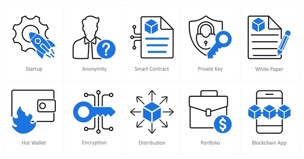 Ein Satz von 10 Blockchain-Ikonen als Startup-Anonymitäts-Smart-Vertrag