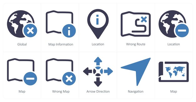 Ein Satz von 10 Navigations-Symbolen als globaler Karten-Informationsstandort