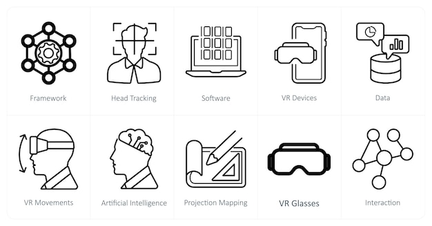 Ein Satz von 10 Virtual-Reality-Symbolen als Rahmen-Head-Tracking-Software