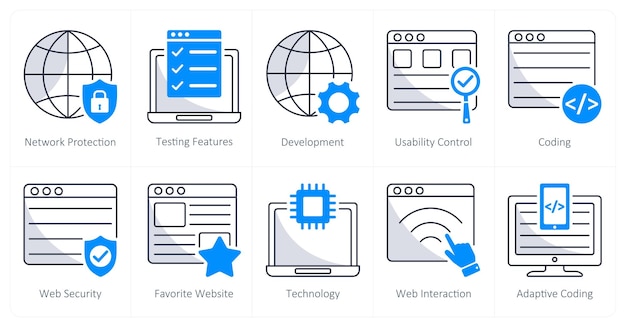 Ein Satz von 10 Web-Design-Ikonen als Netzwerk-Schutz-Test-Funktionen Entwicklung