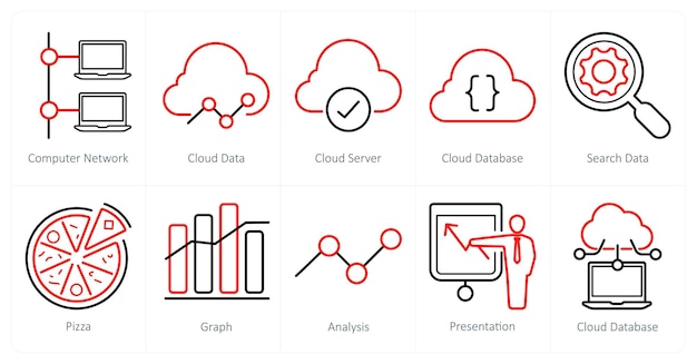 Ein Satz von 10 Web-Marketing-Ikonen als Computer-Netzwerk-Cloud-Daten