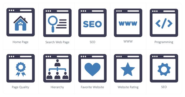 Ein Satz von 10 Webmarketing-Symbolen als Homepage-Such-Webpage-Seo