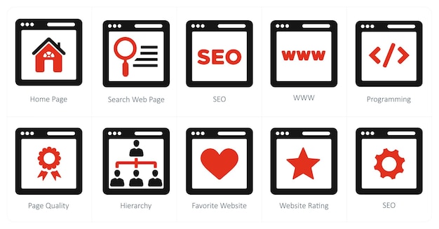 Ein Satz von 10 Webmarketing-Symbolen als Homepage-Such-Webpage-Seo