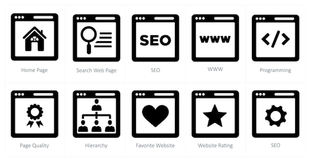 Ein Satz von 10 Webmarketing-Symbolen als Homepage-Such-Webpage-Seo