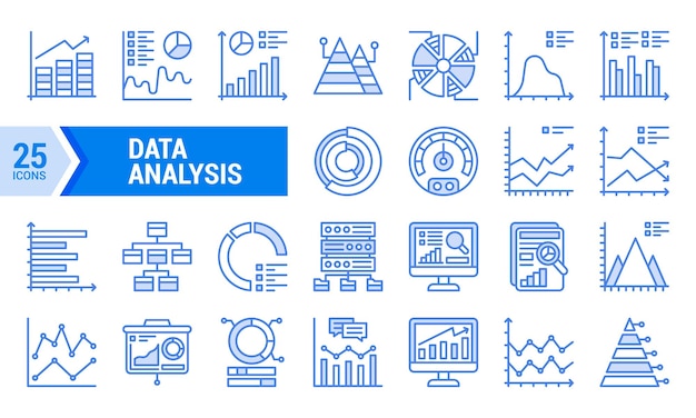 Ein Satz von 25 blauen Linien-Symbolen, die die Datenanalyse darstellen