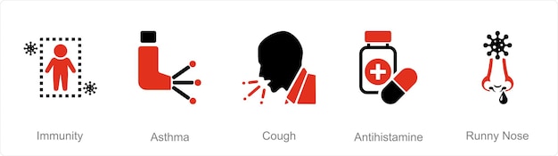 Ein satz von 5 allergie-symbolen als immunität asthma husten