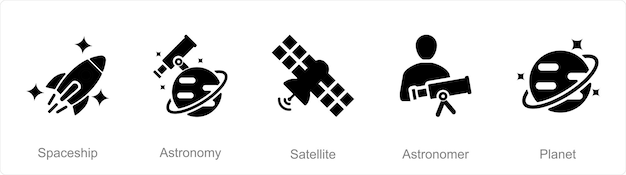 Ein satz von 5 astronomie-symbolen als raumschiff-astronomie-satellit