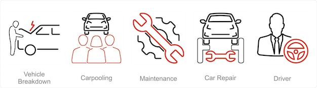 Ein satz von 5 auto-symbolen als fahrzeugstörung carpooling wartung