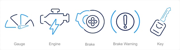 Vektor ein satz von 5 auto-symbolen als messgerät motorbremse