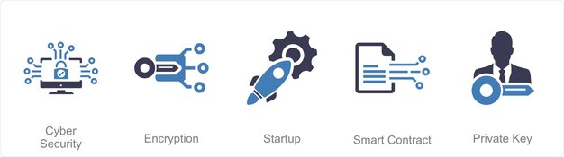 Ein Satz von 5 Blockchain-Ikonen als Cybersicherheitsverschlüsselungs-Startup