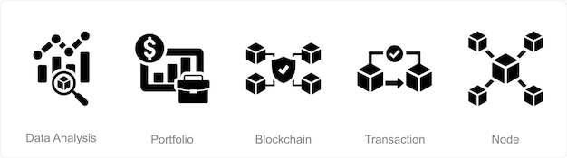 Ein Satz von 5 Blockchain-Ikonen als Datenanalyse-Portfolio-Blockchain