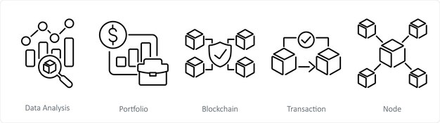 Ein Satz von 5 Blockchain-Ikonen als Datenanalyse-Portfolio-Blockchain