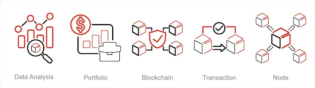 Ein Satz von 5 Blockchain-Ikonen als Datenanalyse-Portfolio-Blockchain