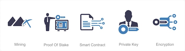 Ein Satz von 5 Blockchain-Ikonen als Mining-Beweis für einen Smart-Vertrag