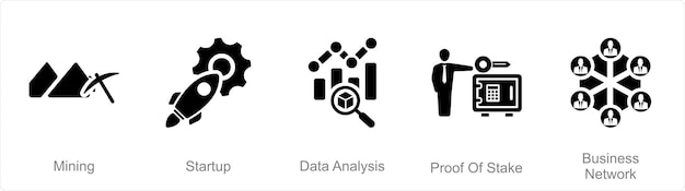 Ein Satz von 5 Blockchain-Ikonen als Mining-Startup-Datenanalyse